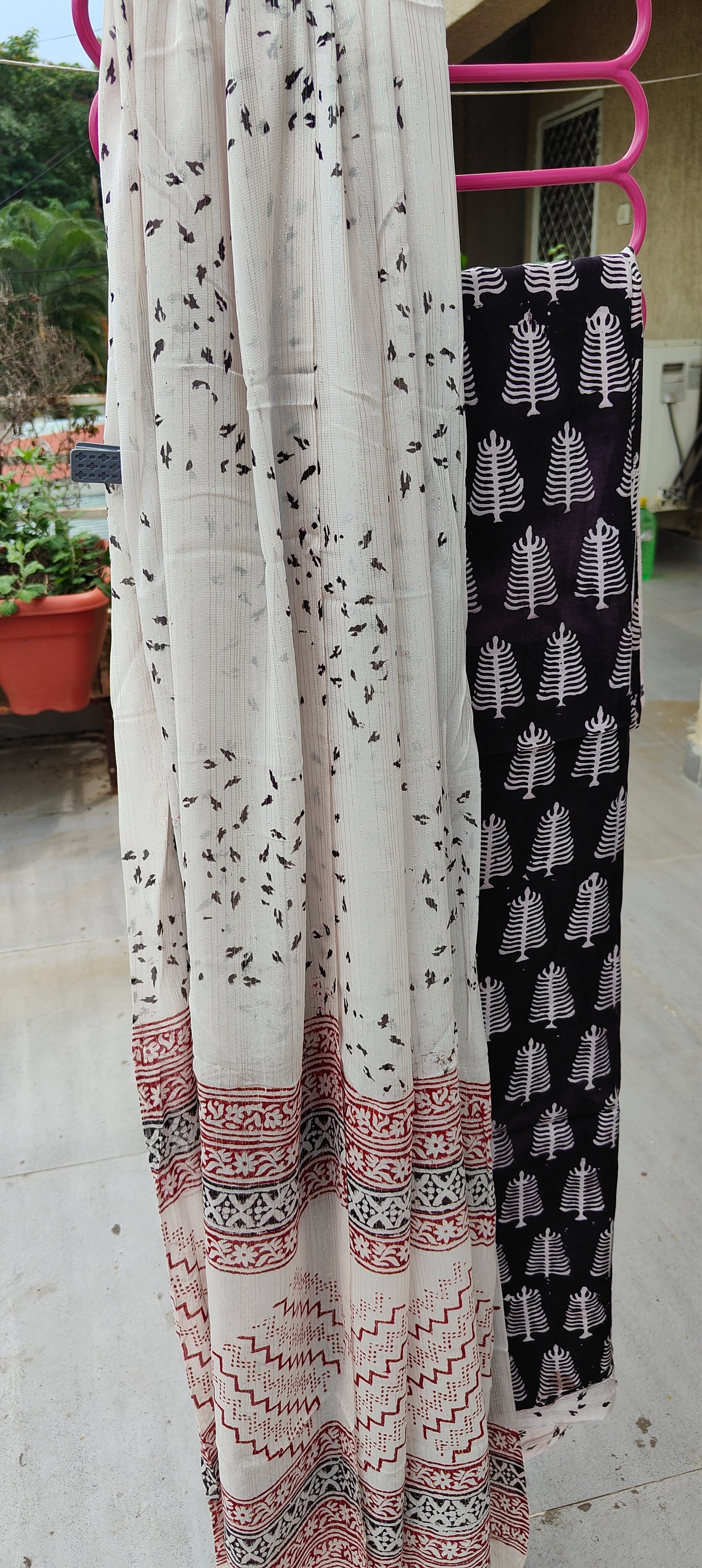 Bag Print Suit material with Chiffon Duppatta (Black with White Dupatta)