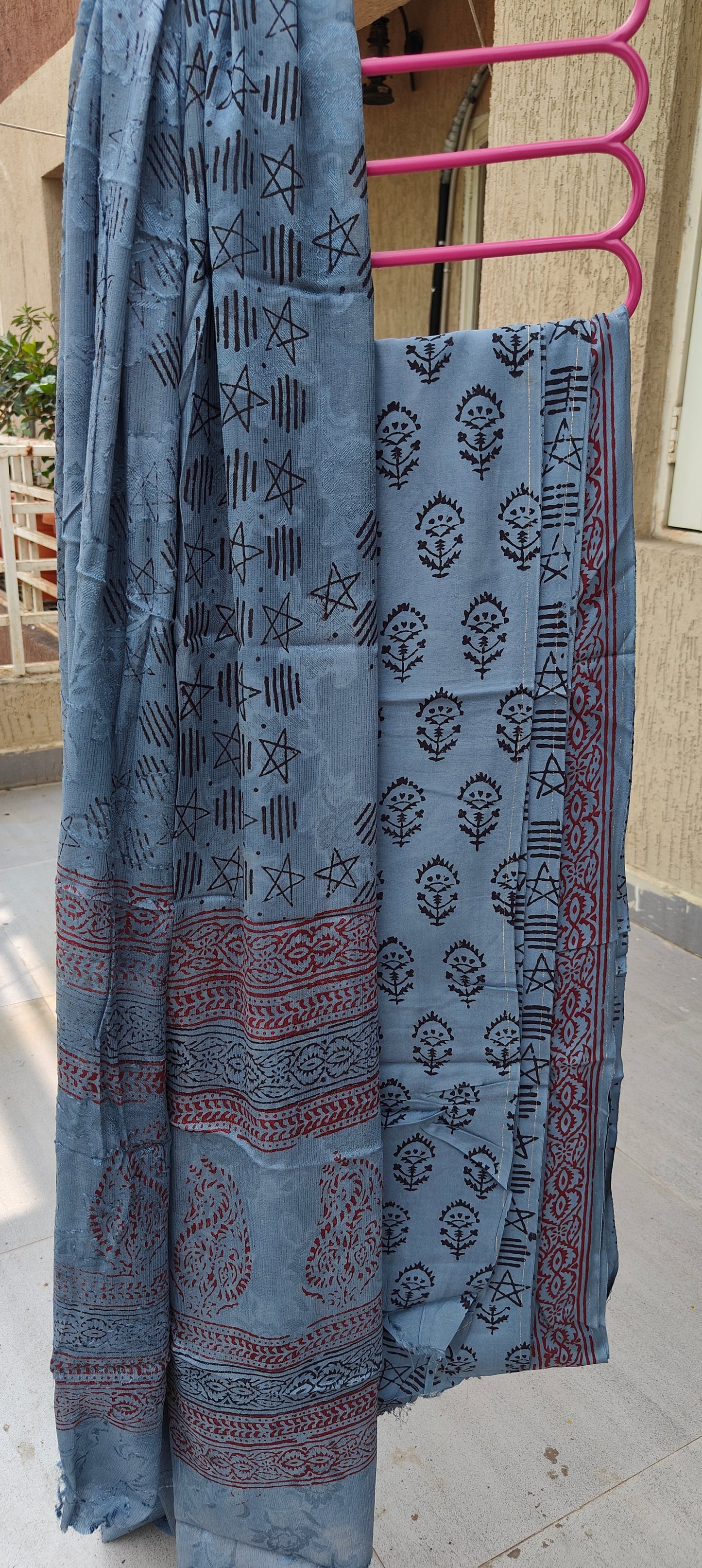 Bag Print Suit material with Chiffon Duppatta (Elegant Blue)