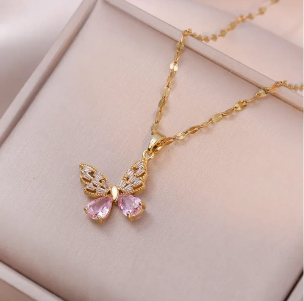 Pink Crystal Butterfly Necklace