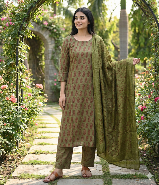 Bag Print Suit material with Chiffon Duppatta (Mehndi Green)
