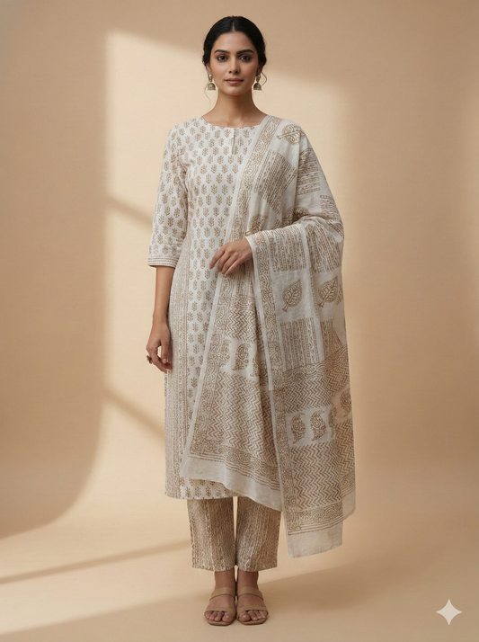 Off White Bagh Block suit material( Pure Cotton) summer wear Palm