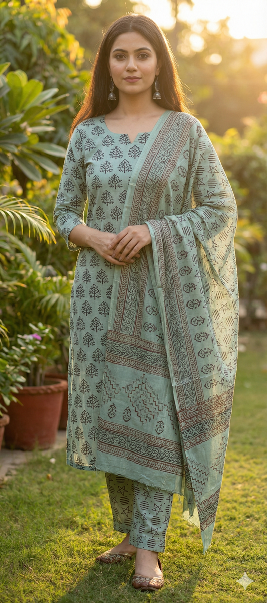 Bag Print Suit material with Chiffon Duppatta (Elegant Blue)