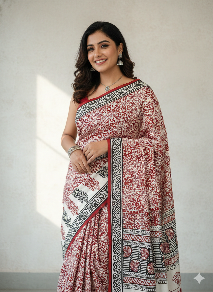 Modal Silk Saree (Maroon Geometric Blocks)
