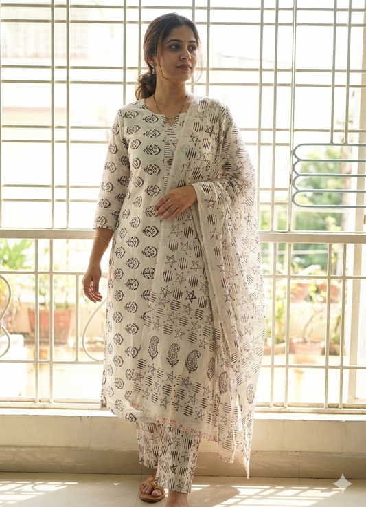 Bag Print Suit material with Chiffon Duppatta (Black and White)