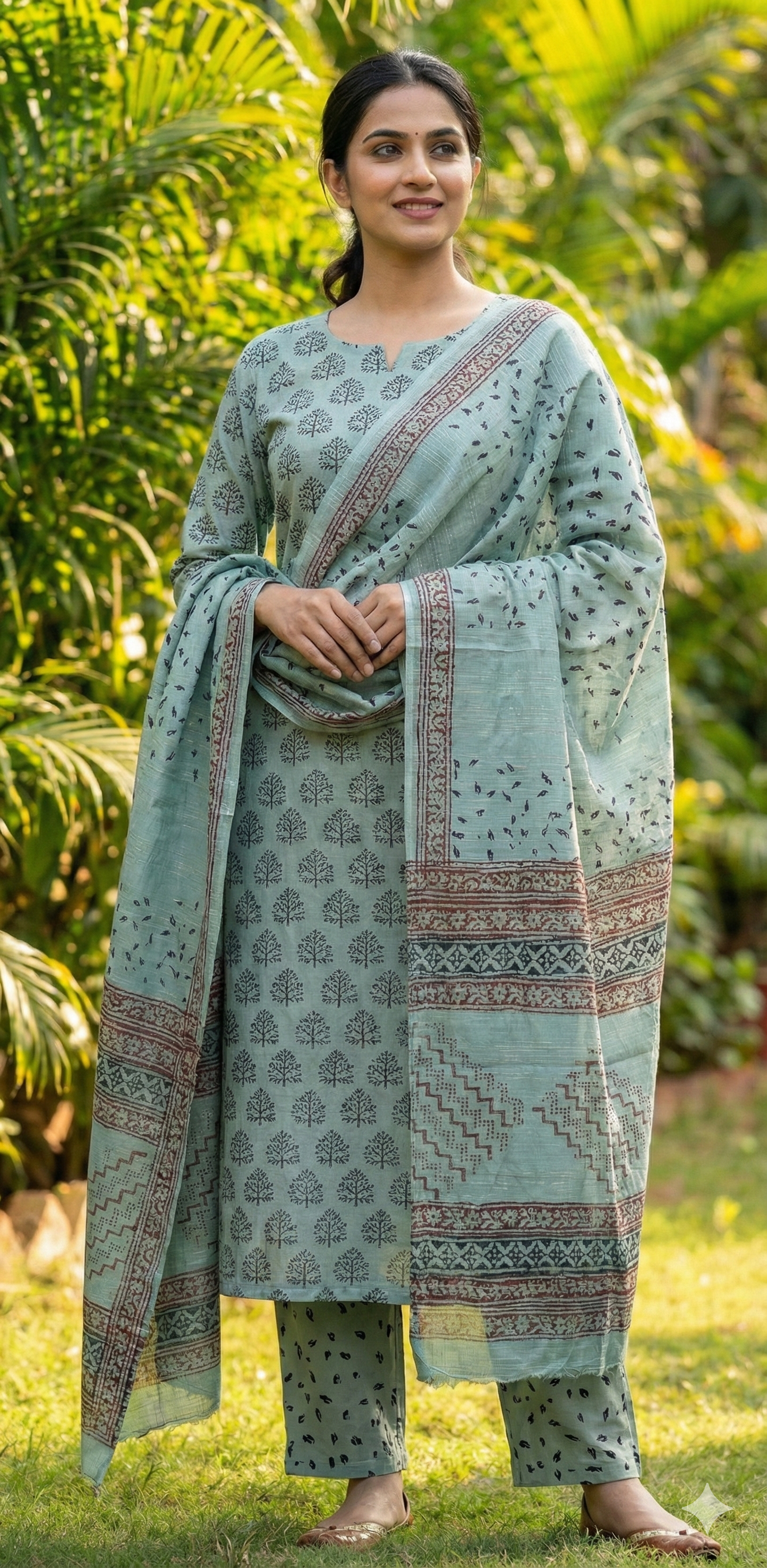 Bag Print Suit material with Chiffon Duppatta (Teal)