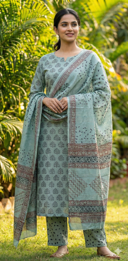 Bag Print Suit material with Chiffon Duppatta (Teal)
