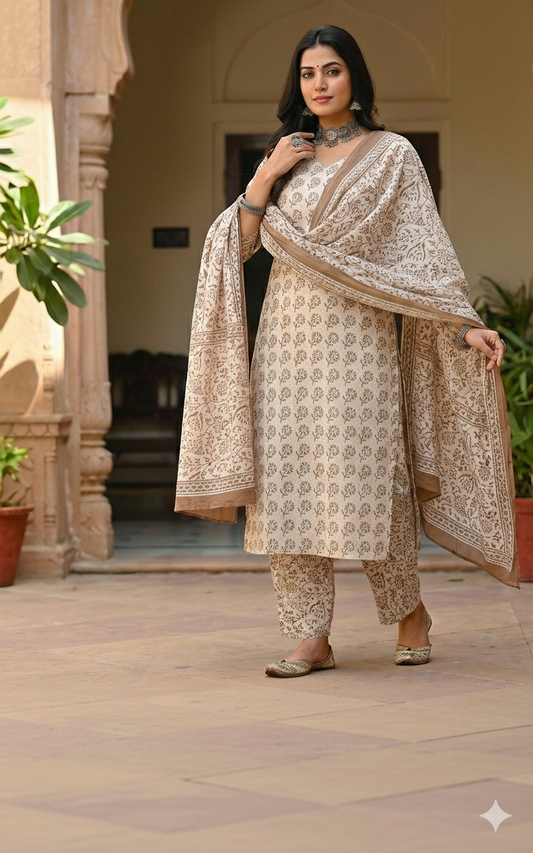 Off White Bagh Block suit material( Pure Cotton) summer wear Flower