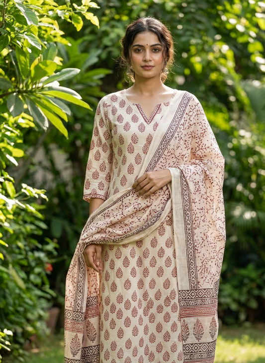 Bag Print Suit material with Chiffon Duppatta (White with Maroon)