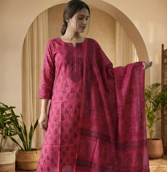Bag Print Suit material with Chiffon Duppatta (Dark Pink)