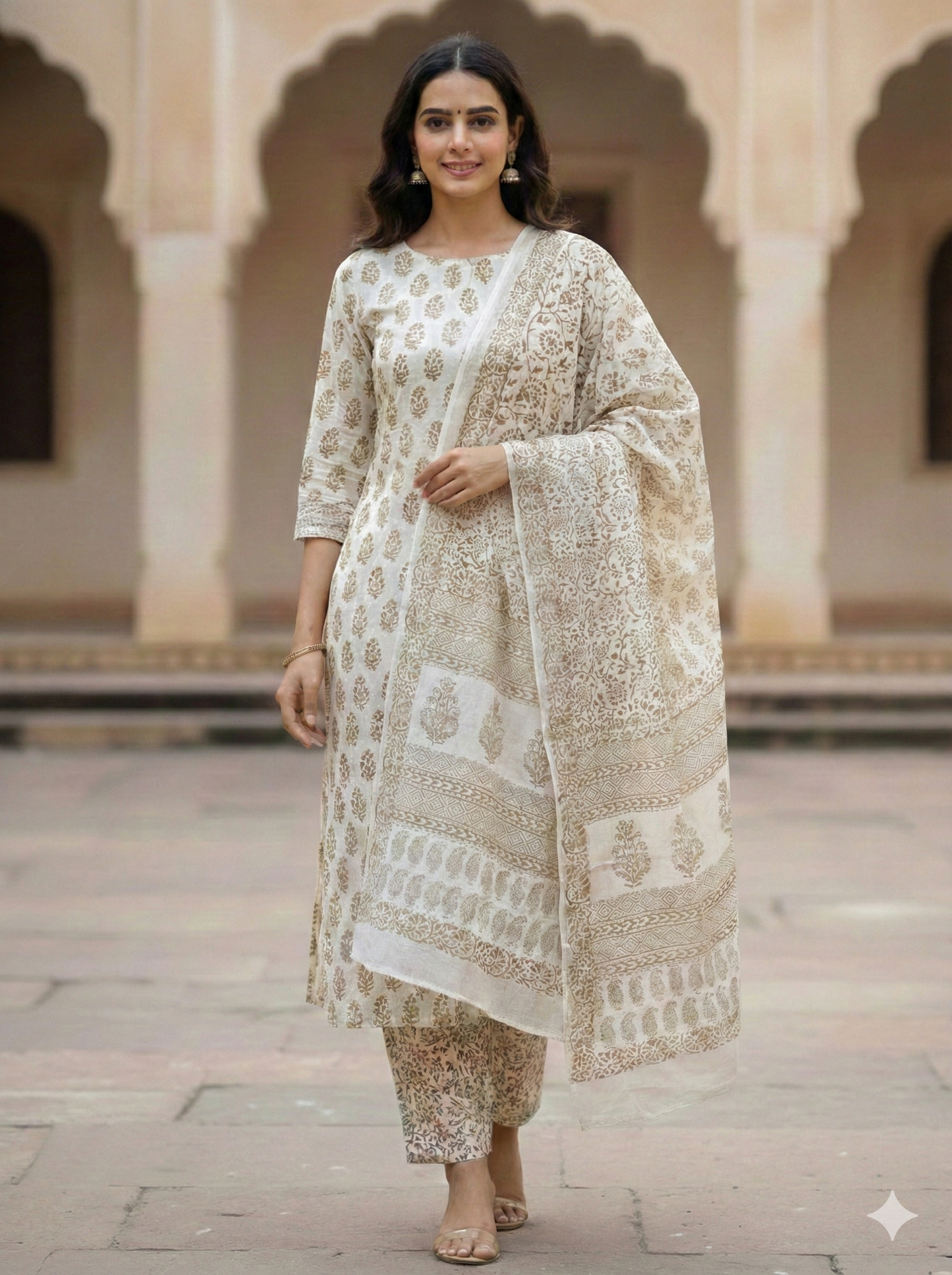 Off White Bagh Block suit material( Pure Cotton) summer wear Leaf