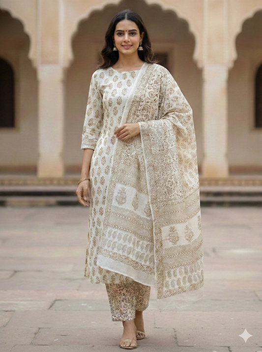 Off White Bagh Block suit material( Pure Cotton) summer wear Leaf