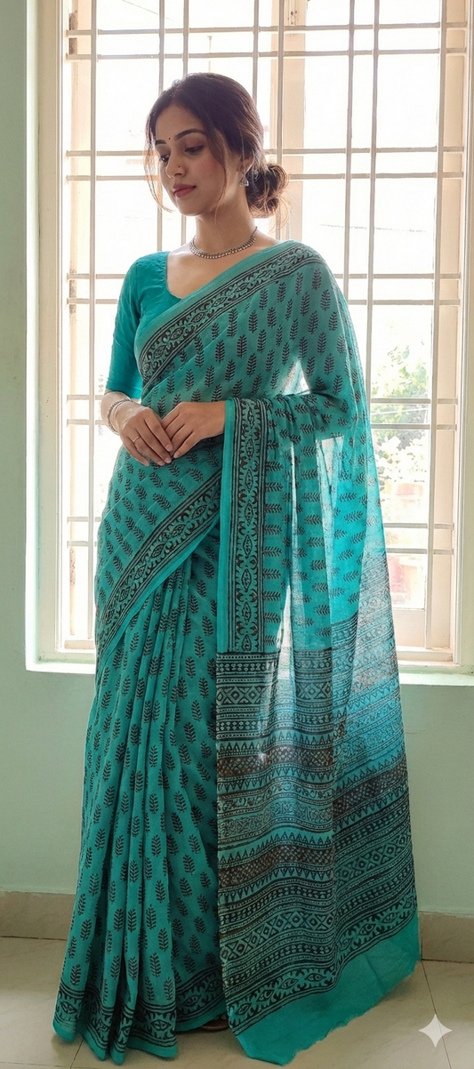 Bagh Print Chinon Saree (Teal)