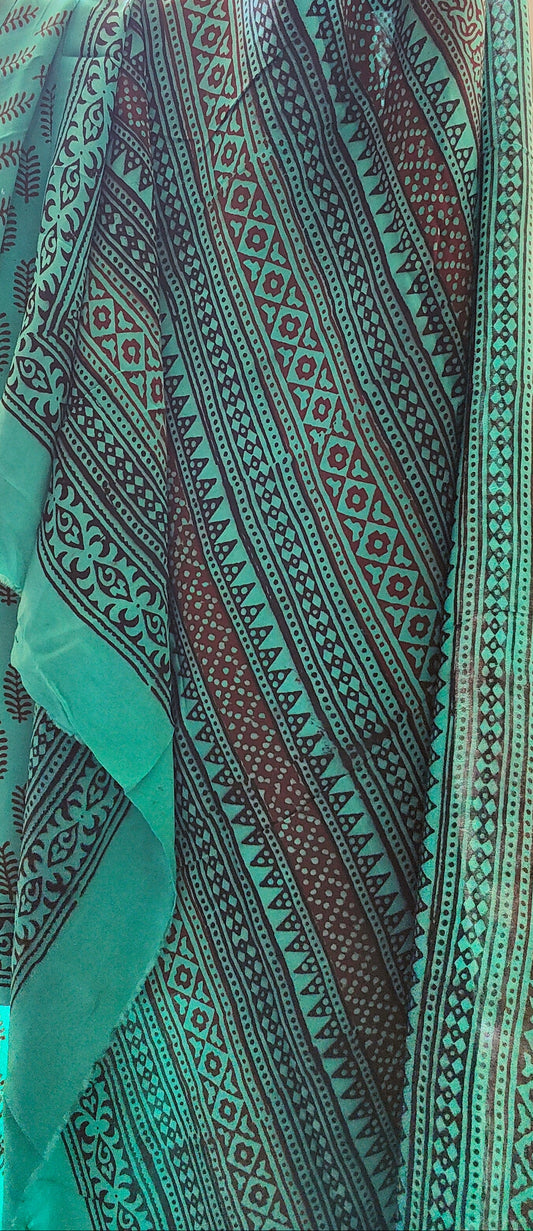 Bagh Print Chinon Saree (Teal)