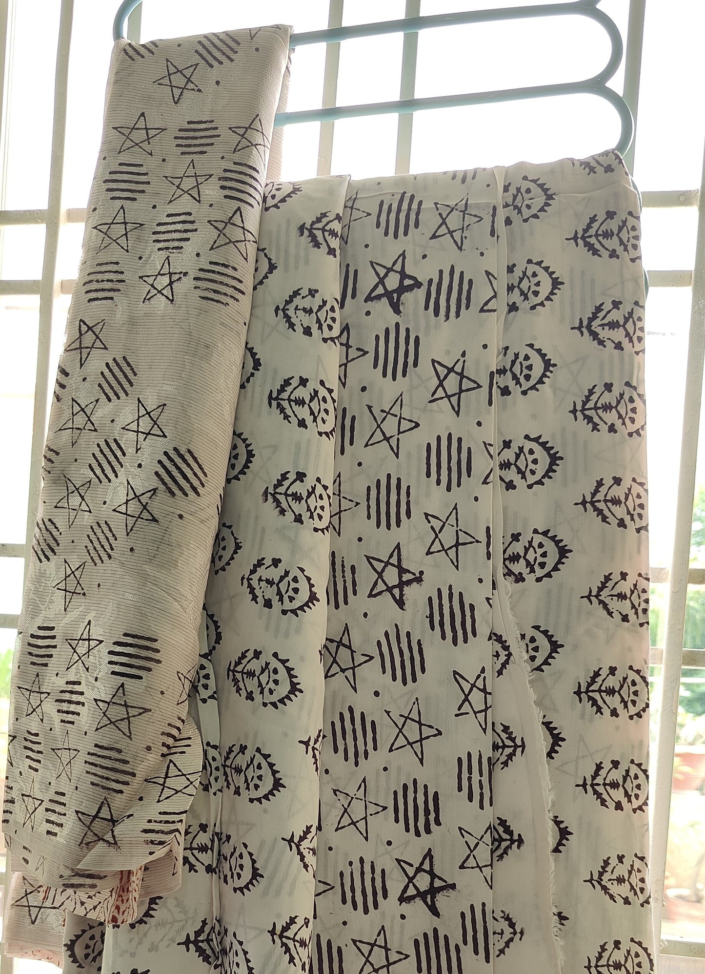 Bag Print Suit material with Chiffon Duppatta (Black and White)