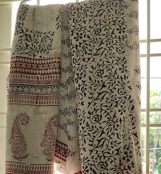 Bag Print Suit material with Chiffon Duppatta (Off White)