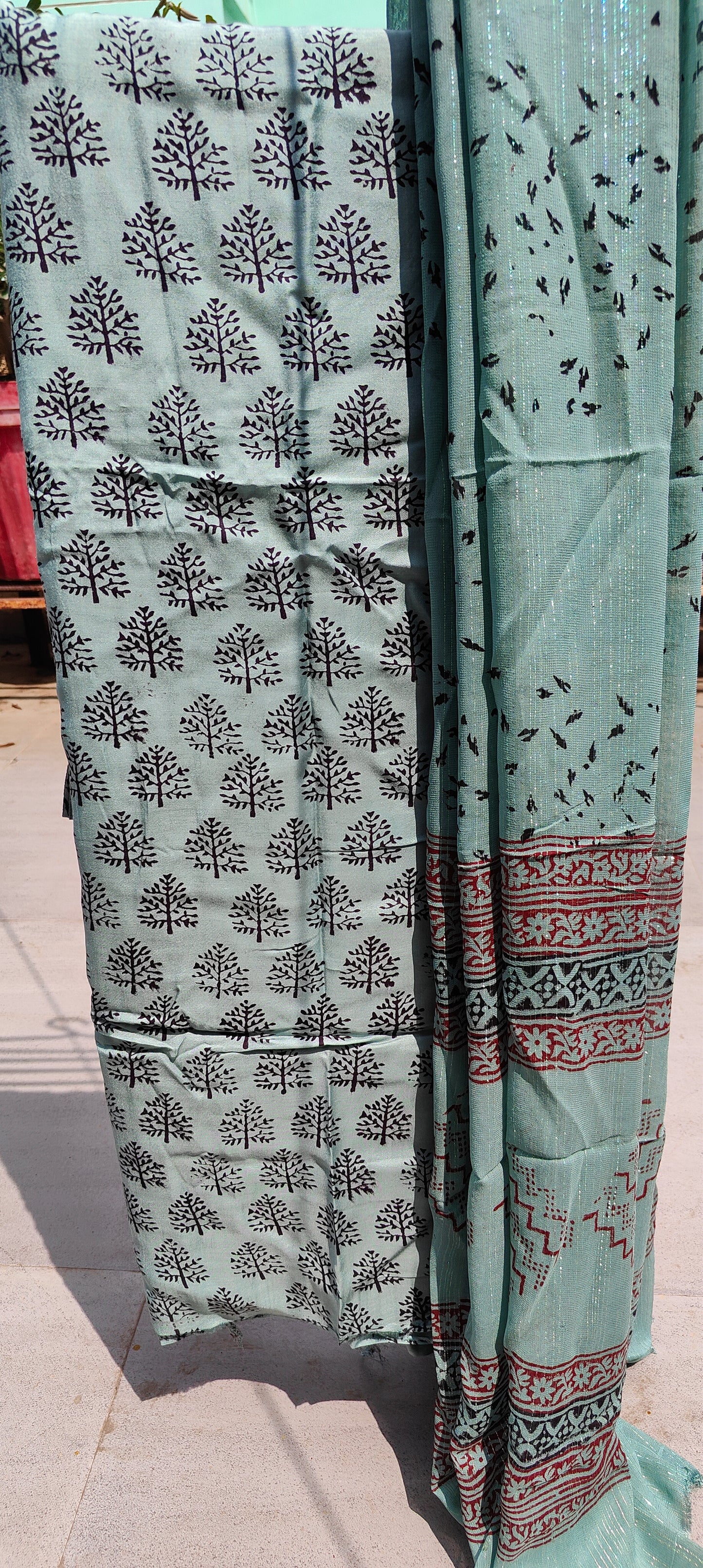 Bag Print Suit material with Chiffon Duppatta (Teal)