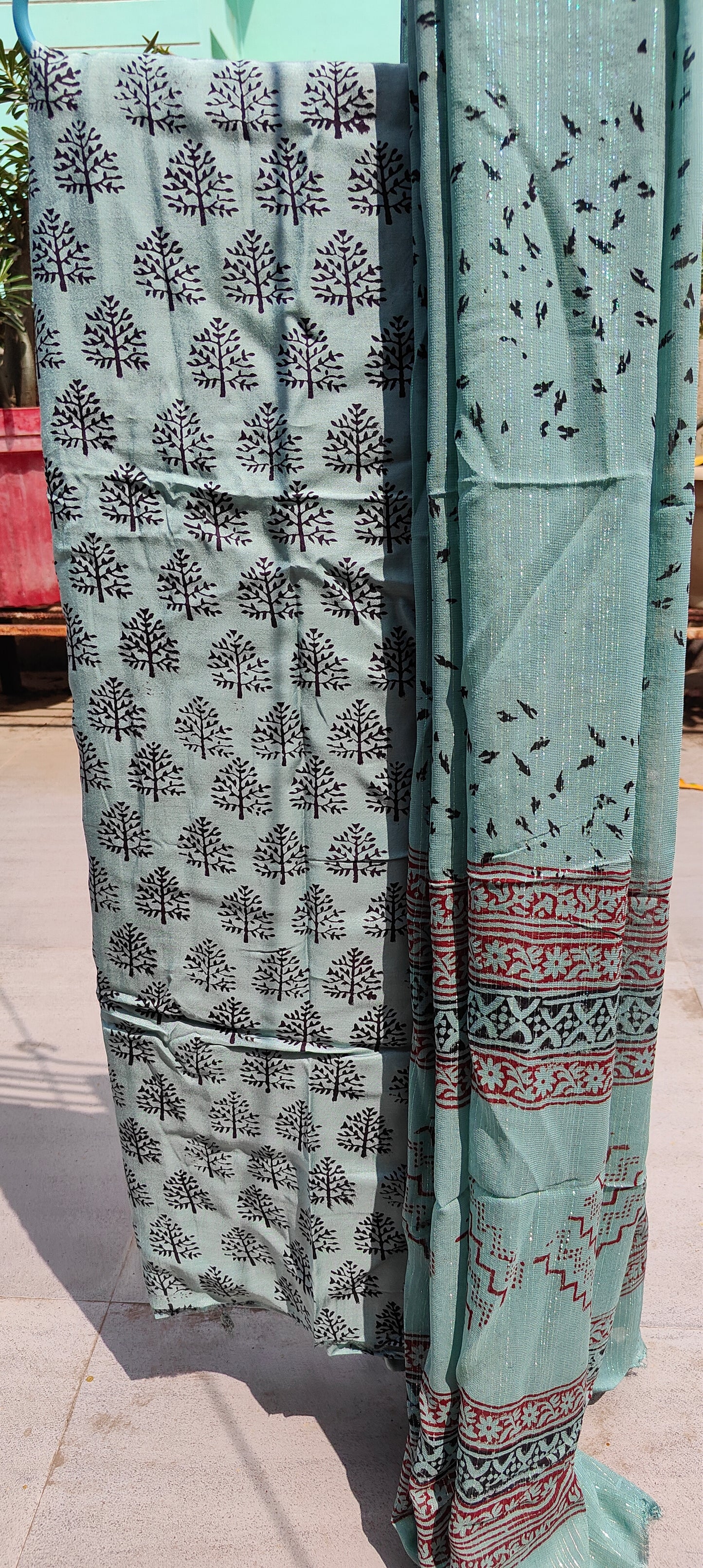 Bag Print Suit material with Chiffon Duppatta (Teal)