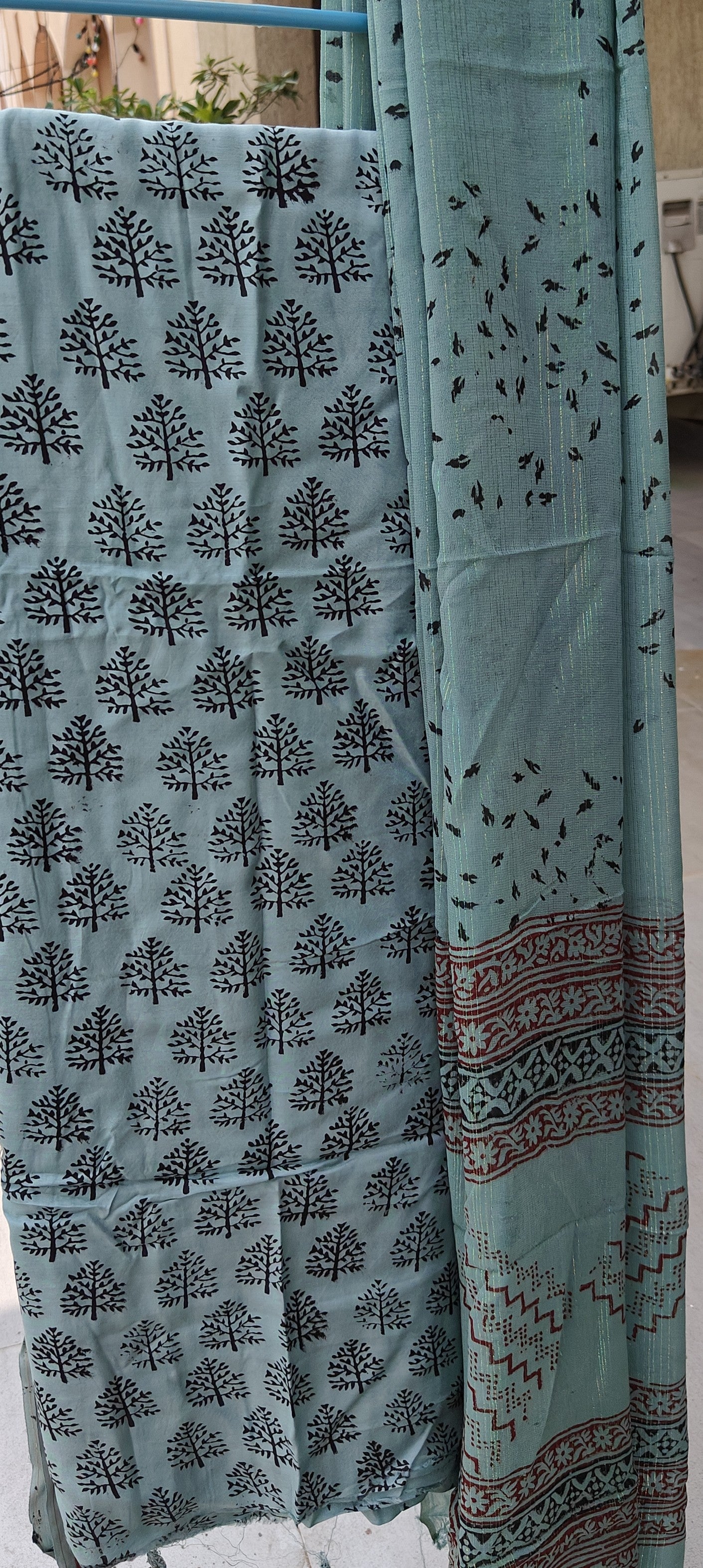 Bag Print Suit material with Chiffon Duppatta (Teal)