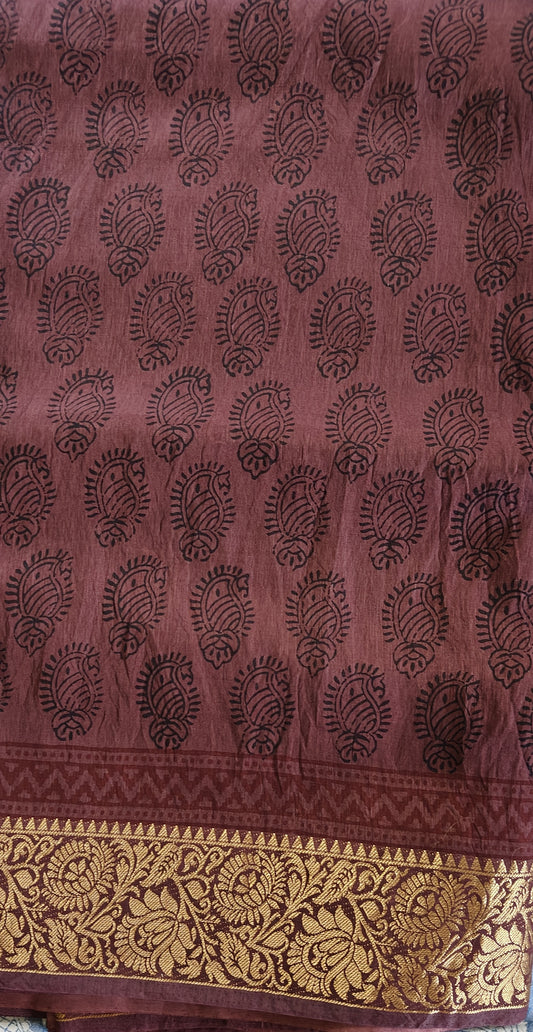 Bagh Print Dola Silk Saree (Mahogany)