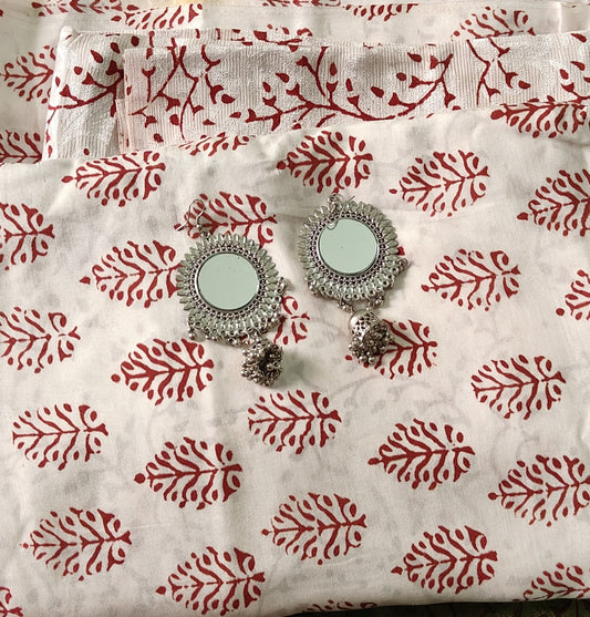 Bag Print Suit material with Chiffon Duppatta (White with Maroon)