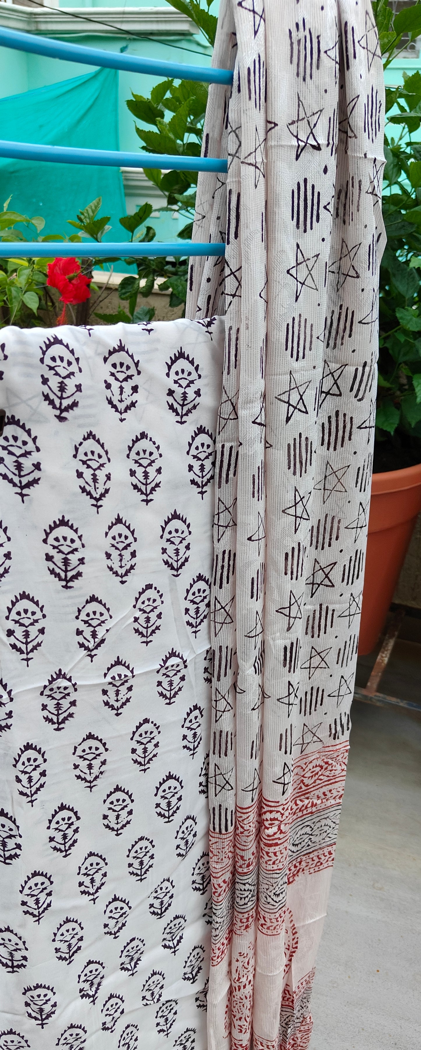 Bag Print Suit material with Chiffon Duppatta (Black and White)