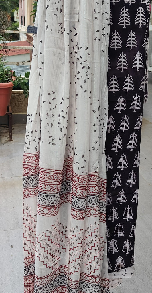 Bag Print Suit material with Chiffon Duppatta (Black with White Dupatta)