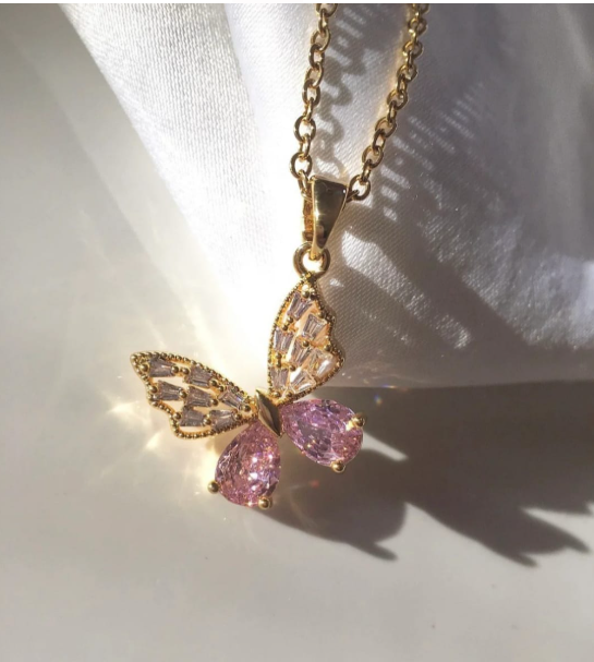 Pink Crystal Butterfly Necklace