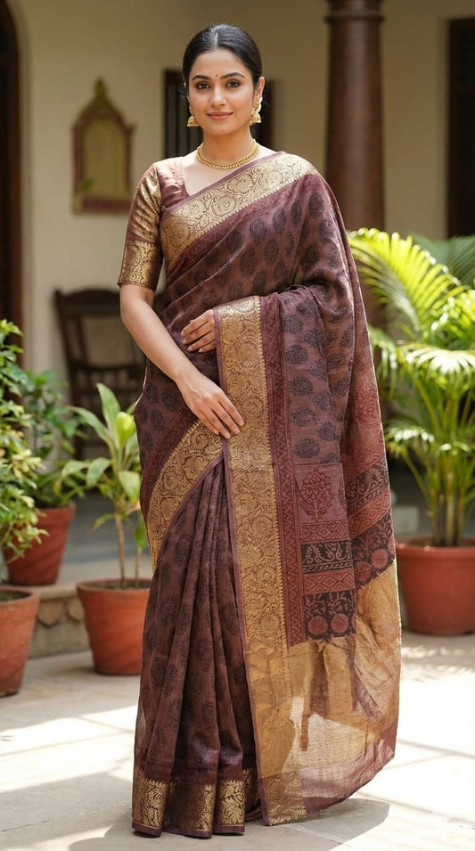 Bagh Print Dola Silk Saree (Mahogany)