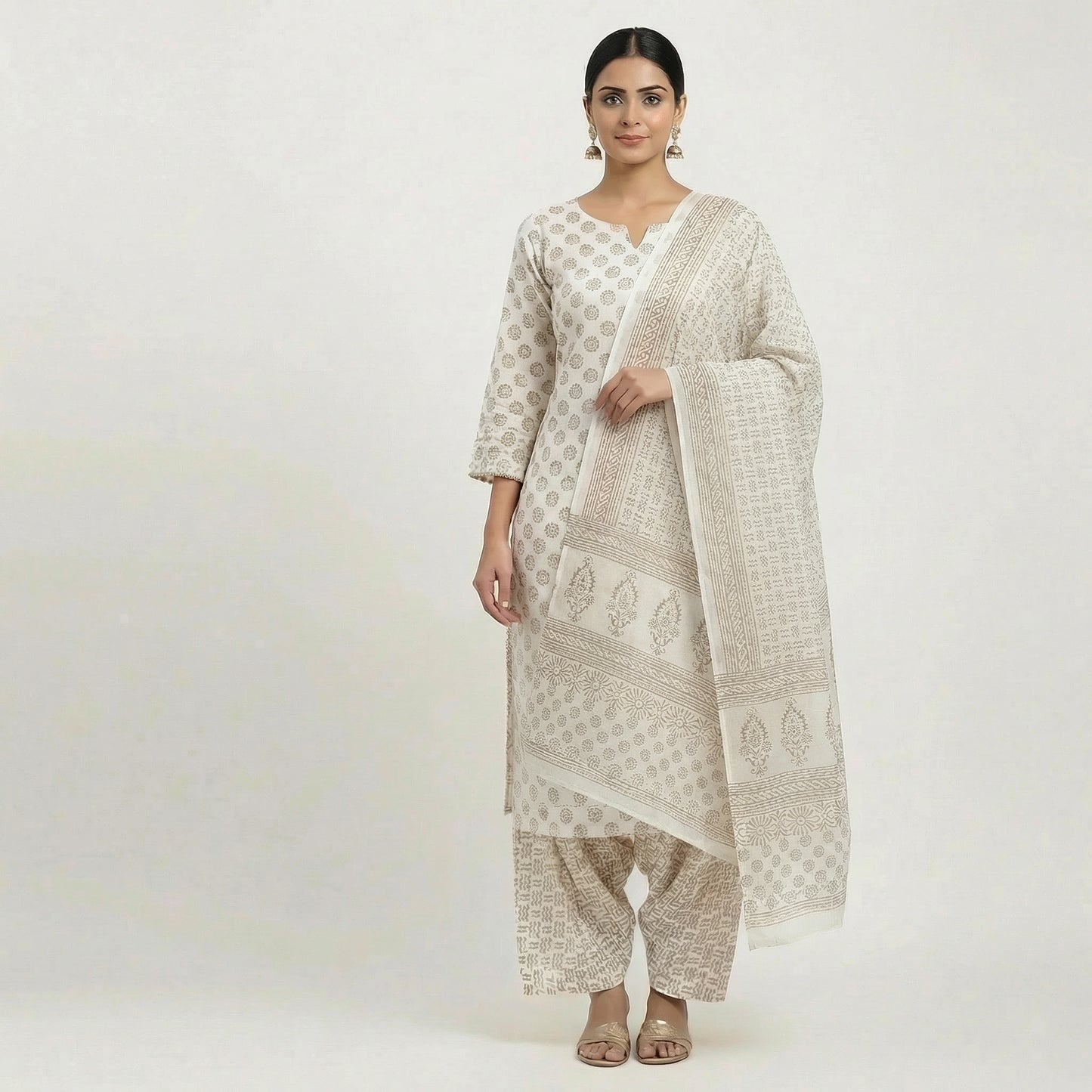 Off White Bagh Block suit material( Pure Cotton) summer wear geometric