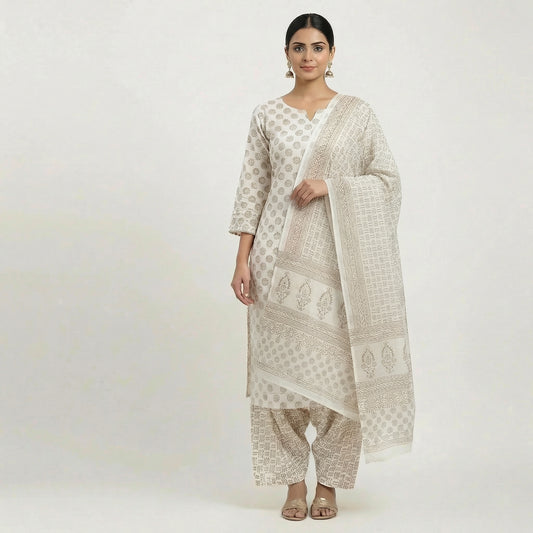 Off White Bagh Block suit material( Pure Cotton) summer wear geometric